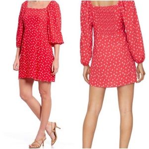 Sanctuary Red & White Floral Puff Sleeve Square Neckline Dress